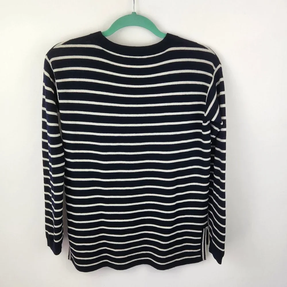 J. Crew 100% Merino Wool Navy White Stripes Embellished Crewneck Sweater sz XS